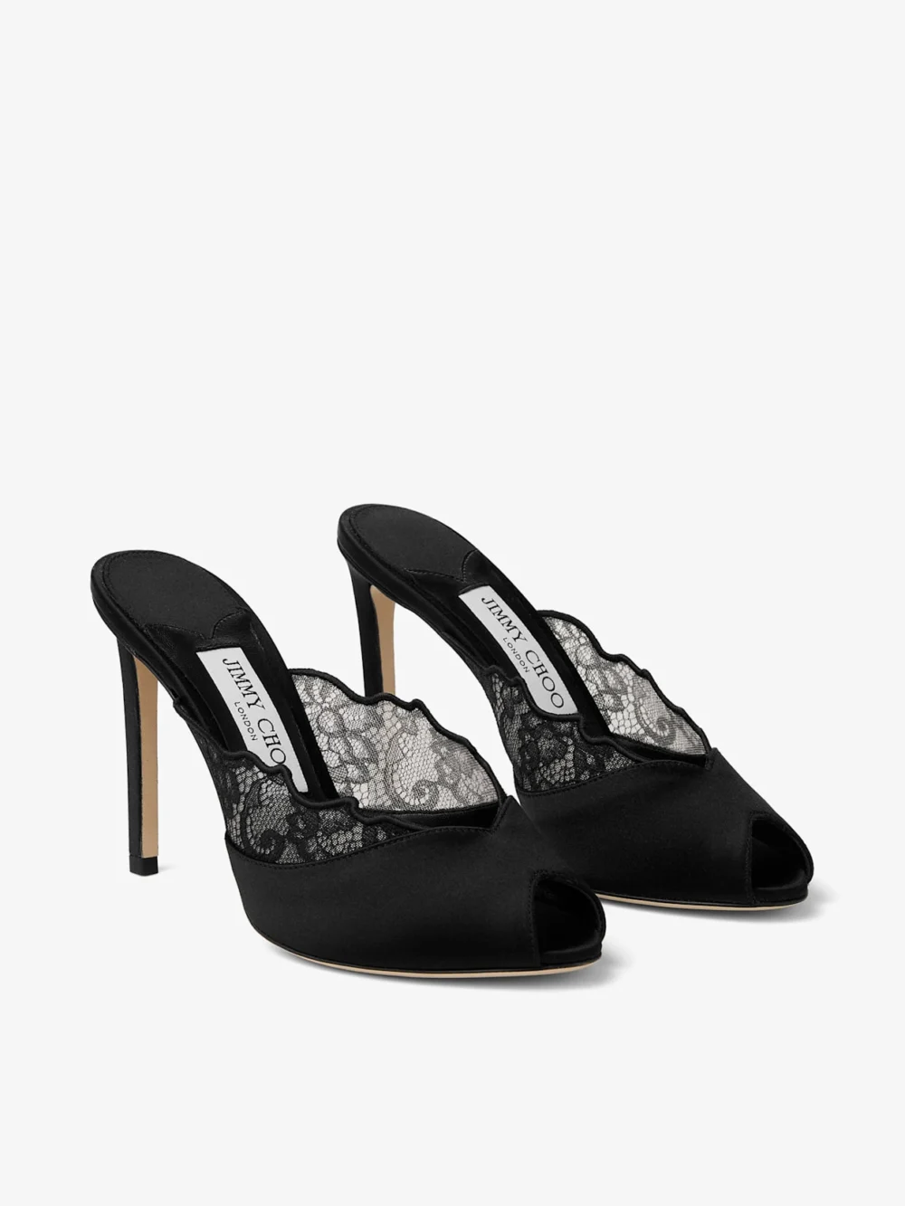Close-up detail of the Jimmy Choo Brigitte Mule 100 Black Jimmy Choo Lace and Satin Mules
