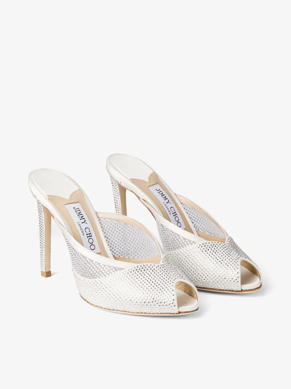 Close-up detail of the Jimmy Choo Brigitte Mule 100 Ivory Mesh Mules with Crystal Embellishment