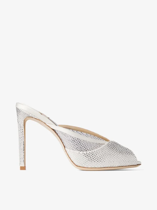 Jimmy Choo Brigitte Mule 100 Ivory Mesh Mules with Crystal Embellishment