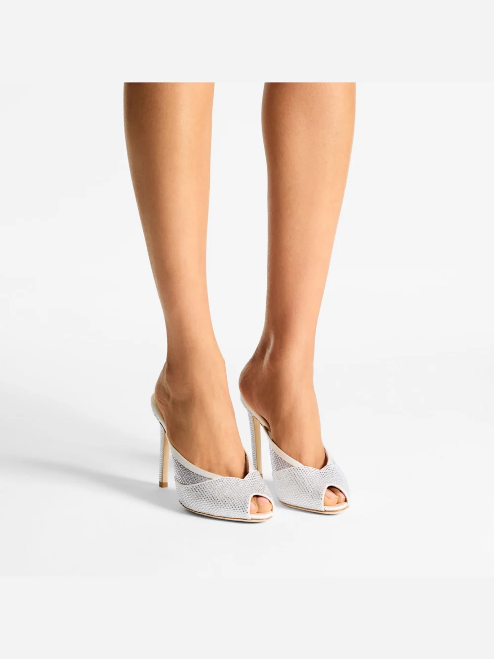 Side view of the Jimmy Choo Brigitte Mule 100 Ivory Mesh Mules with Crystal Embellishment