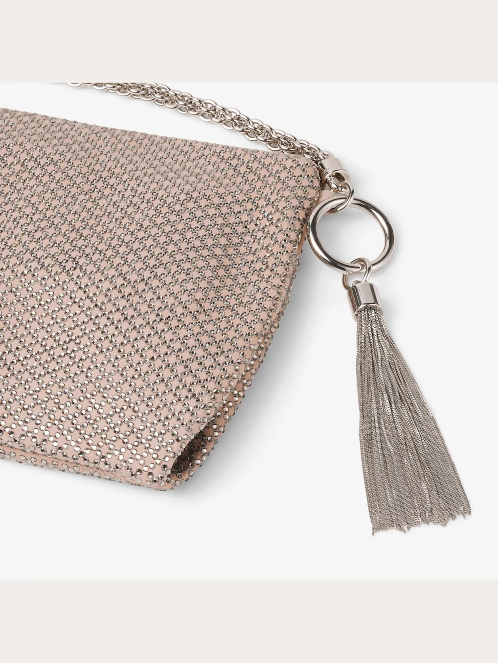 Close-up detail of the Jimmy Choo Callie Ballet Pink Suede Clutch Bag with Diamond Motif and Crystal Hotfix