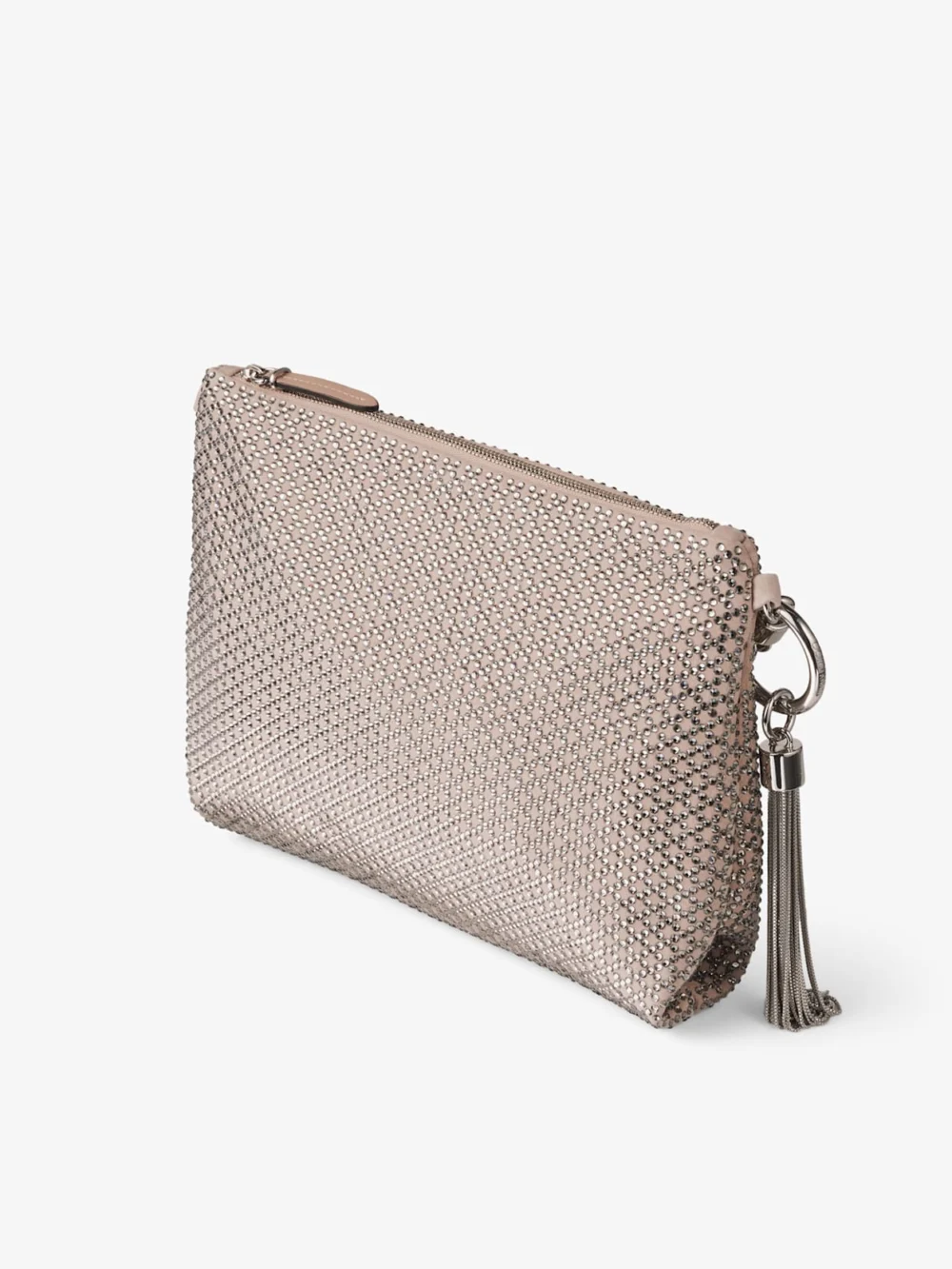 Side view of the Jimmy Choo Callie Ballet Pink Suede Clutch Bag with Diamond Motif and Crystal Hotfix