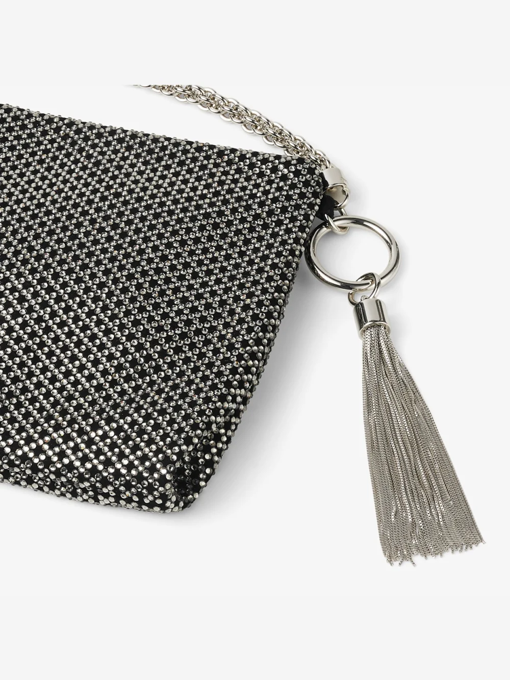 Close-up detail of the Jimmy Choo Callie Black Diamond Motif Crystal Hotfix on Suede Clutch Bag