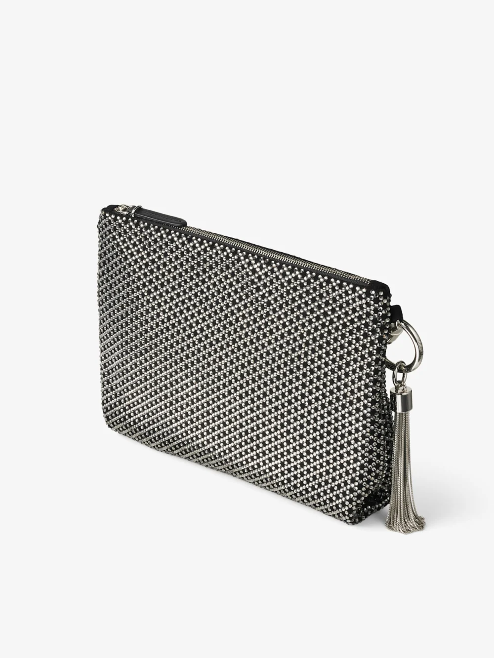 Side view of the Jimmy Choo Callie Black Diamond Motif Crystal Hotfix on Suede Clutch Bag