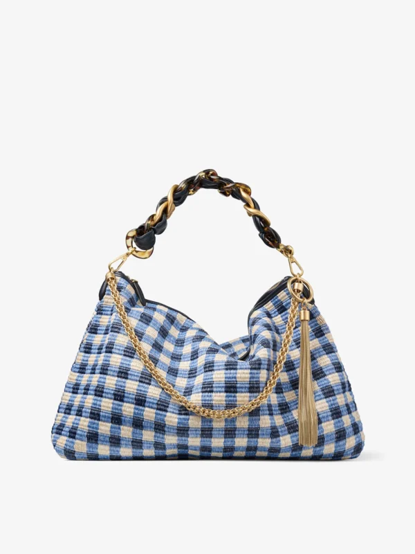 Jimmy Choo Callie Maxi Marine Mix Gingham Raffia Shoulder Bag with Detachable Woven Nappa Leather Strap