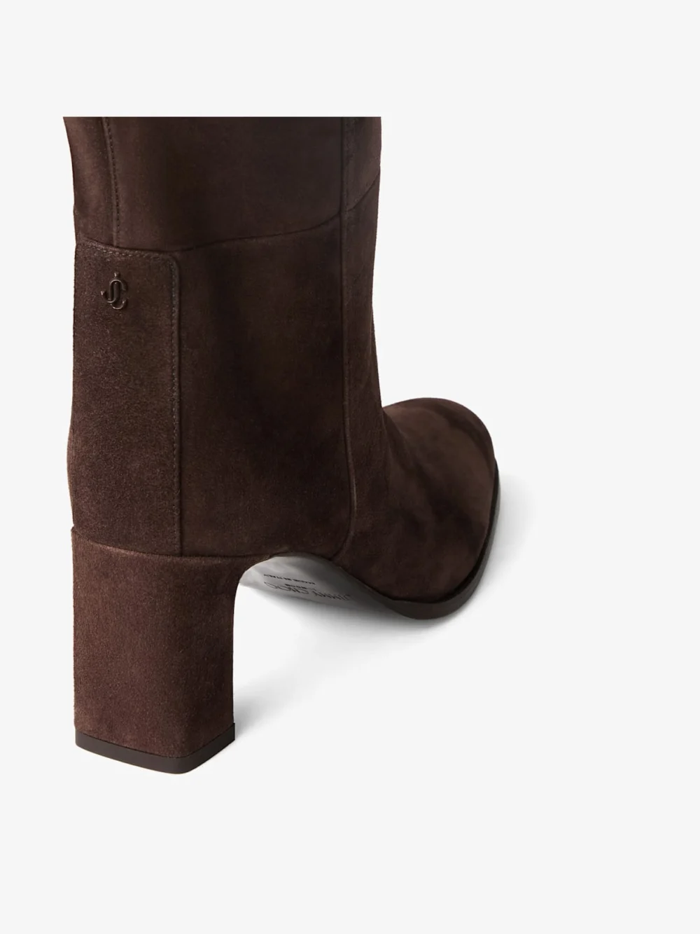 Back view of the Jimmy Choo Caly Knee Boot 65 Chocolate Suede Knee High Boots