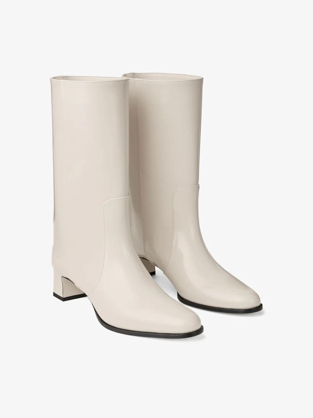 Close-up detail of the Jimmy Choo Caly Mid 45 Bone Polished Calf Leather Ankle Boots