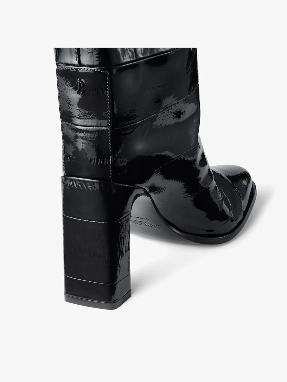 Back view of the Jimmy Choo Caly Over the Knee 85 Black Shiny Eel Embossed Leather Knee High Boots