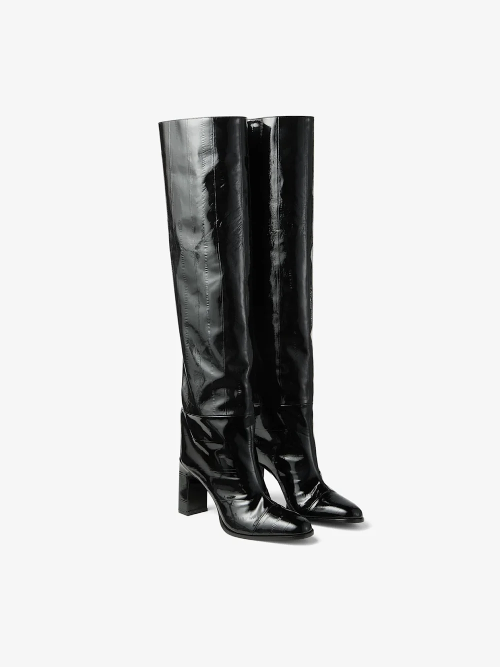 Close-up detail of the Jimmy Choo Caly Over the Knee 85 Black Shiny Eel Embossed Leather Knee High Boots