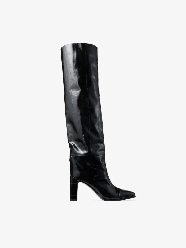 Jimmy Choo Caly Over the Knee 85 Black Shiny Eel Embossed Leather Knee High Boots