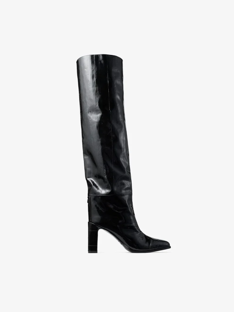 Jimmy Choo Caly Over the Knee 85 Black Shiny Eel Embossed Leather Knee High Boots