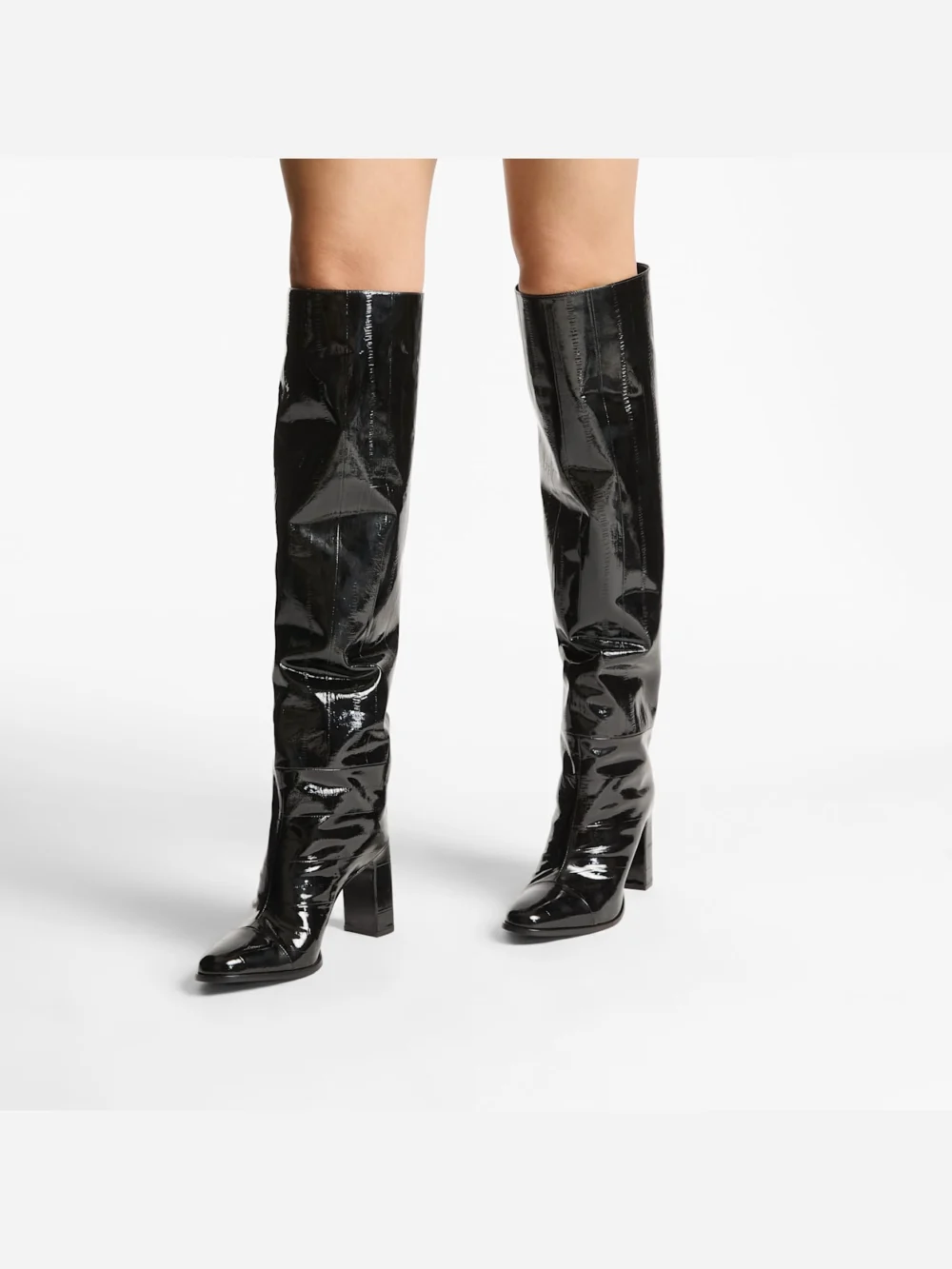Side view of the Jimmy Choo Caly Over the Knee 85 Black Shiny Eel Embossed Leather Knee High Boots