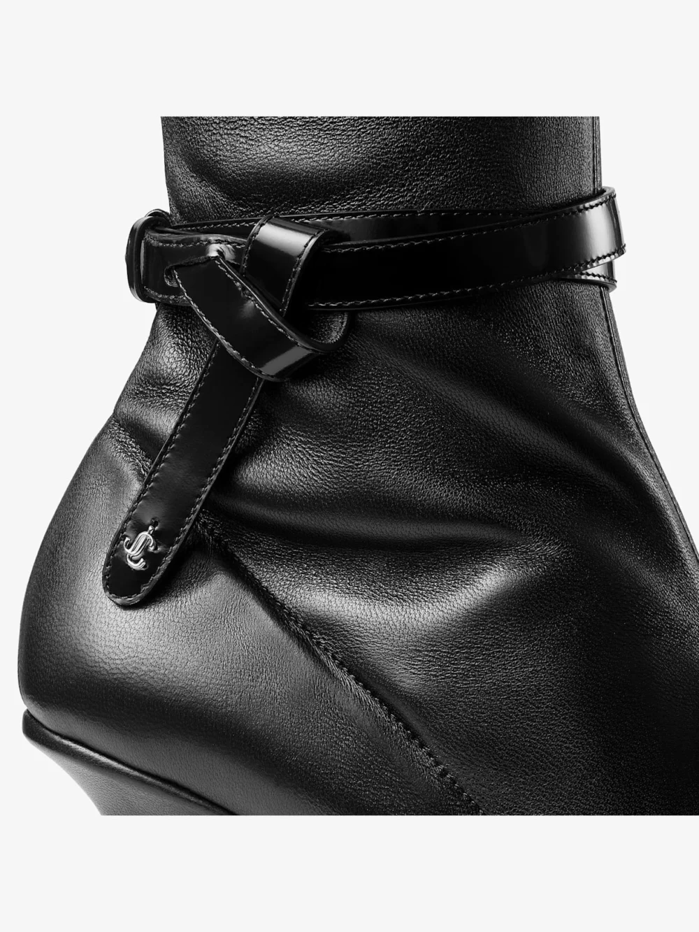 Close-up detail of the Jimmy Choo Camie Over the Knee Boot Black Stretch Nappa and Spazzolato Leather Boot