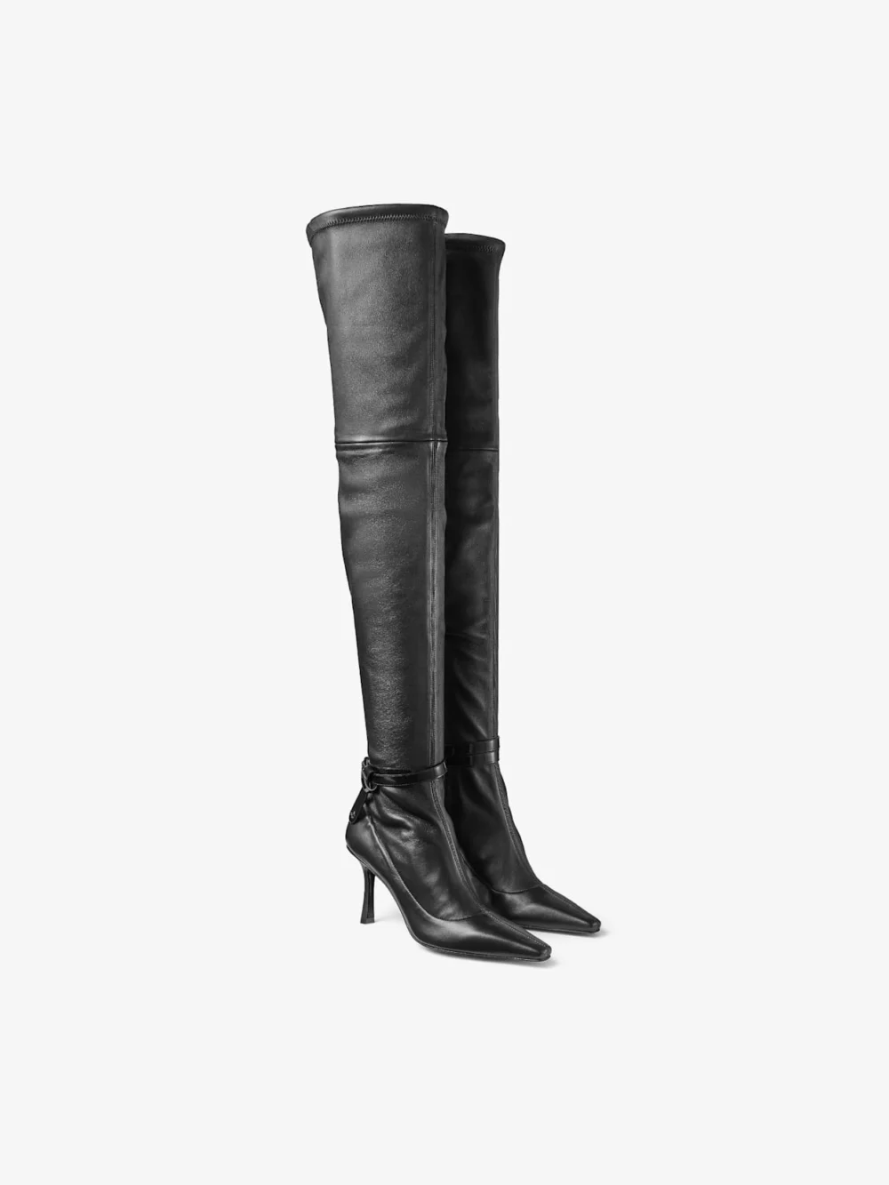 Side view of the Jimmy Choo Camie Over the Knee Boot Black Stretch Nappa and Spazzolato Leather Boot