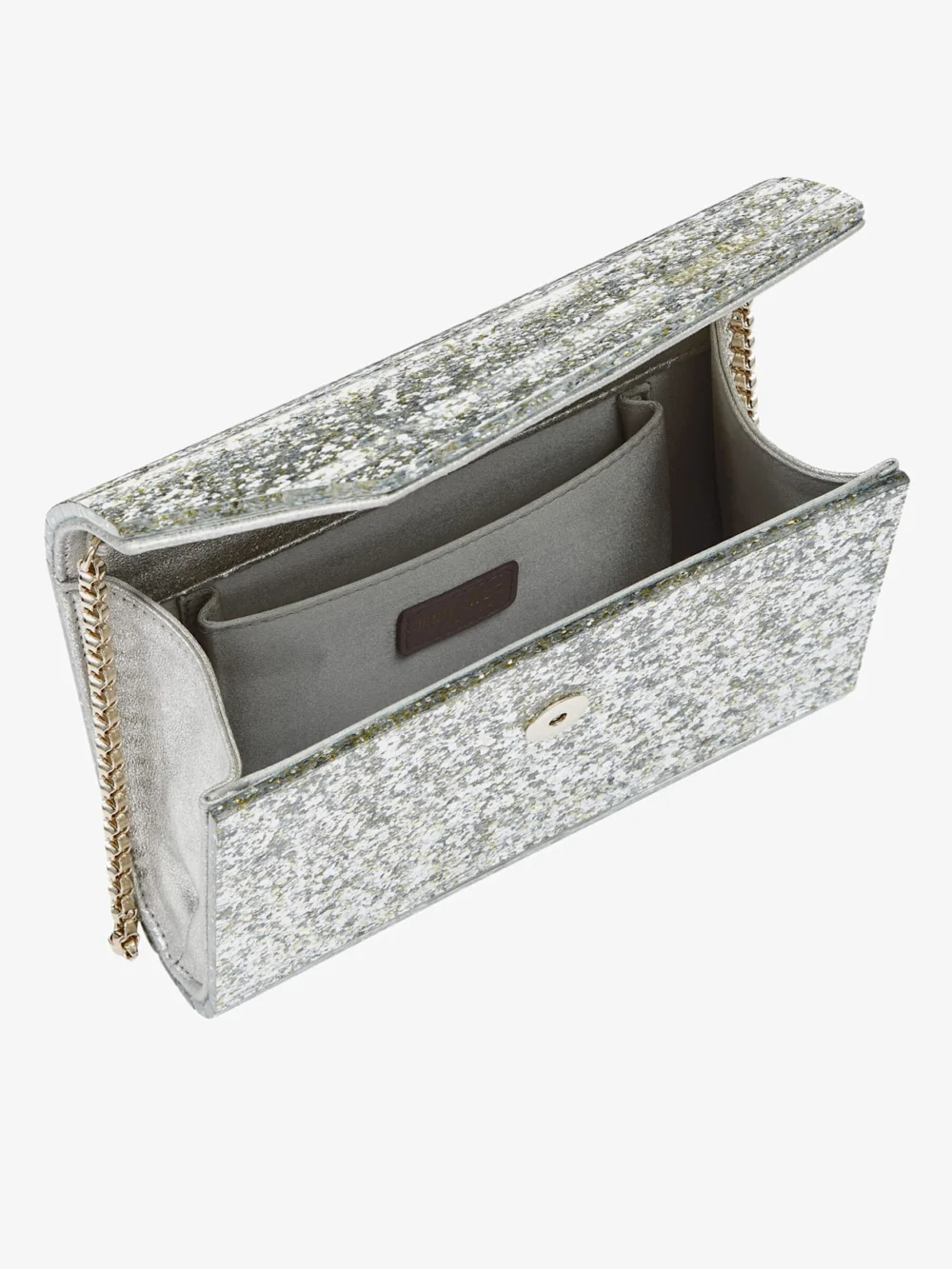 Close-up detail of the Jimmy Choo Candy Champagne Coarse Glitter Acrylic Clutch Bag