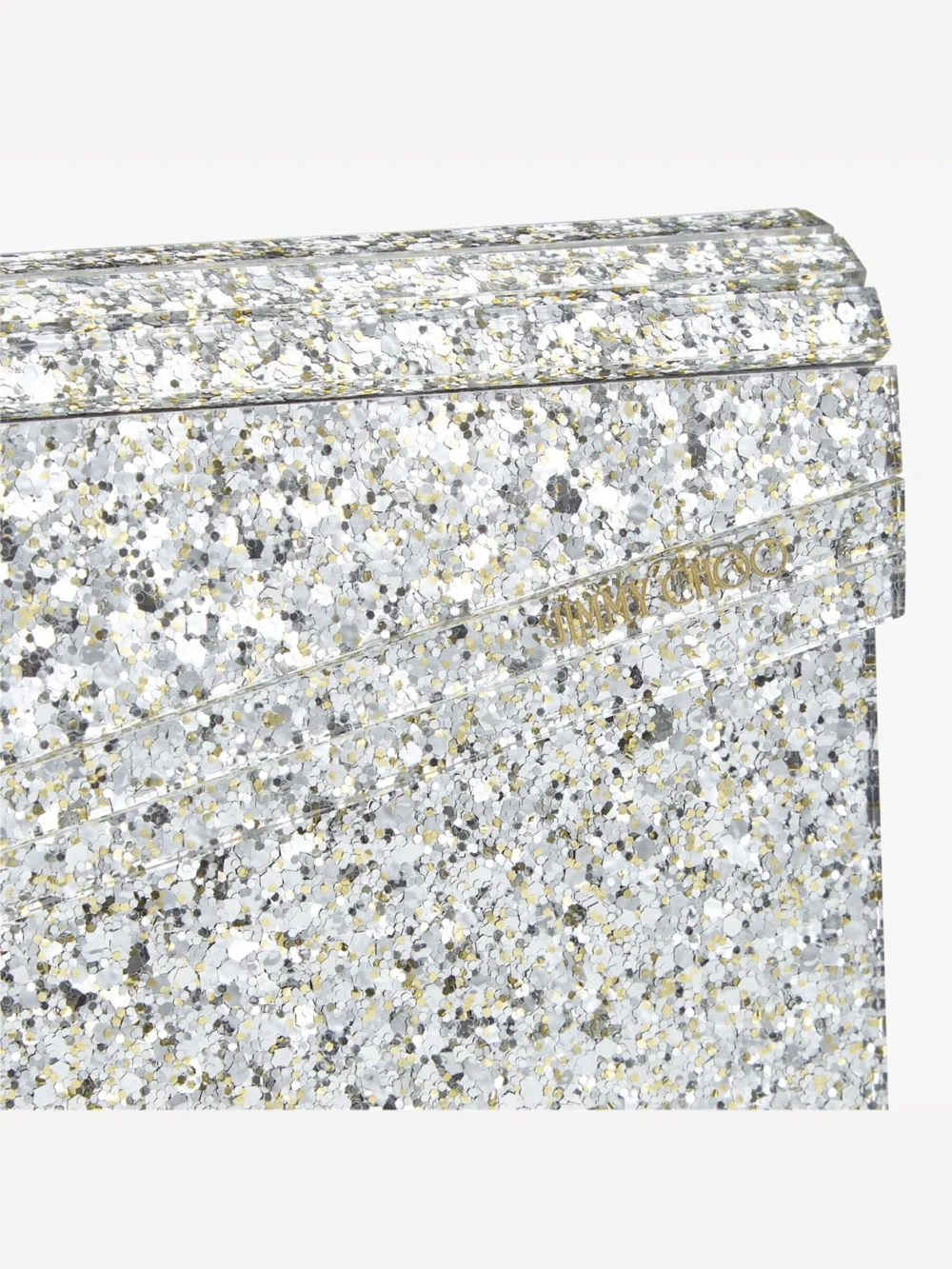 Side view of the Jimmy Choo Candy Champagne Coarse Glitter Acrylic Clutch Bag