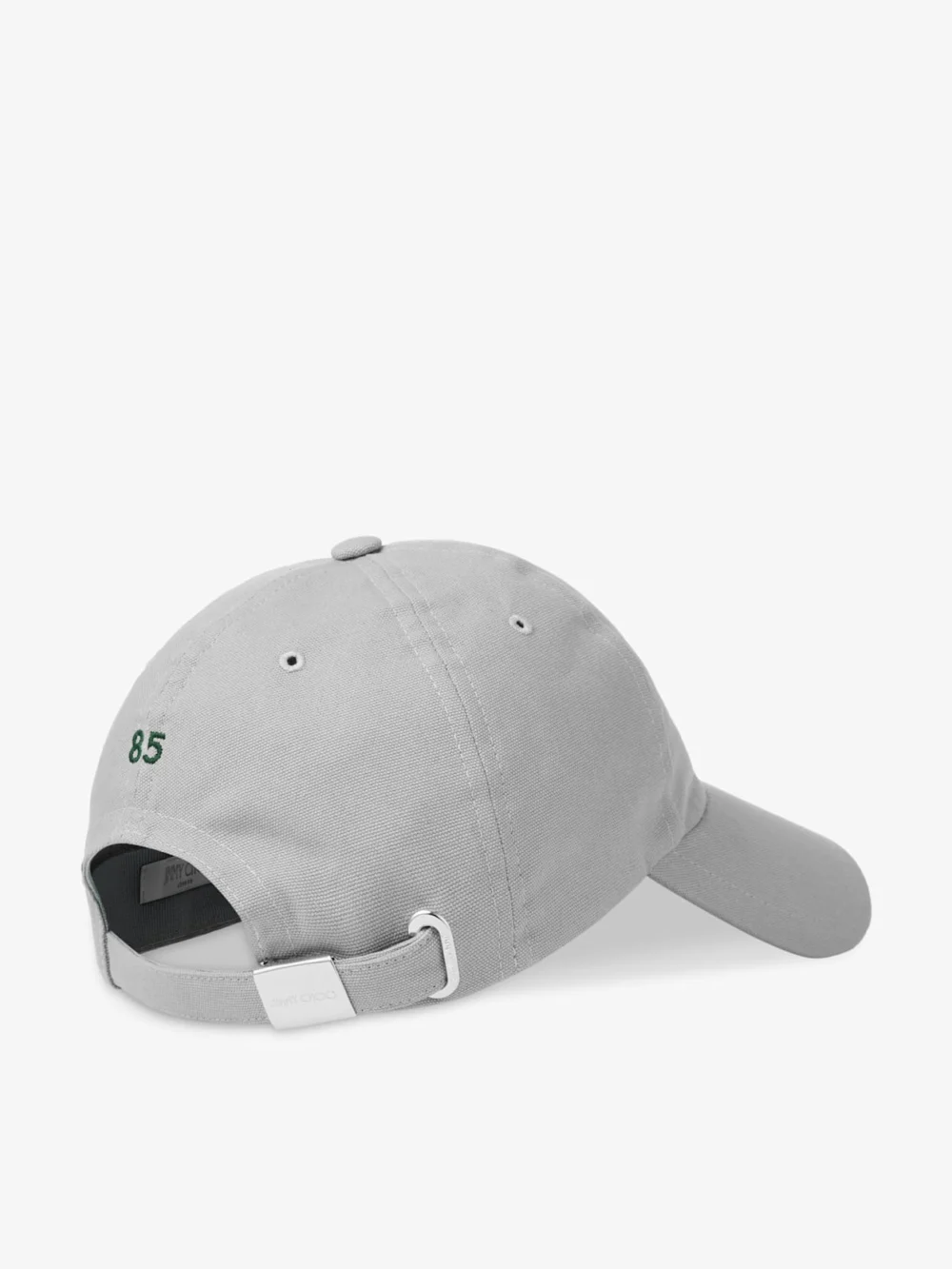 Back view of the Jimmy Choo Cap 85 Grey and British Green Cotton Baseball Cap with Jimmy Choo Logo
