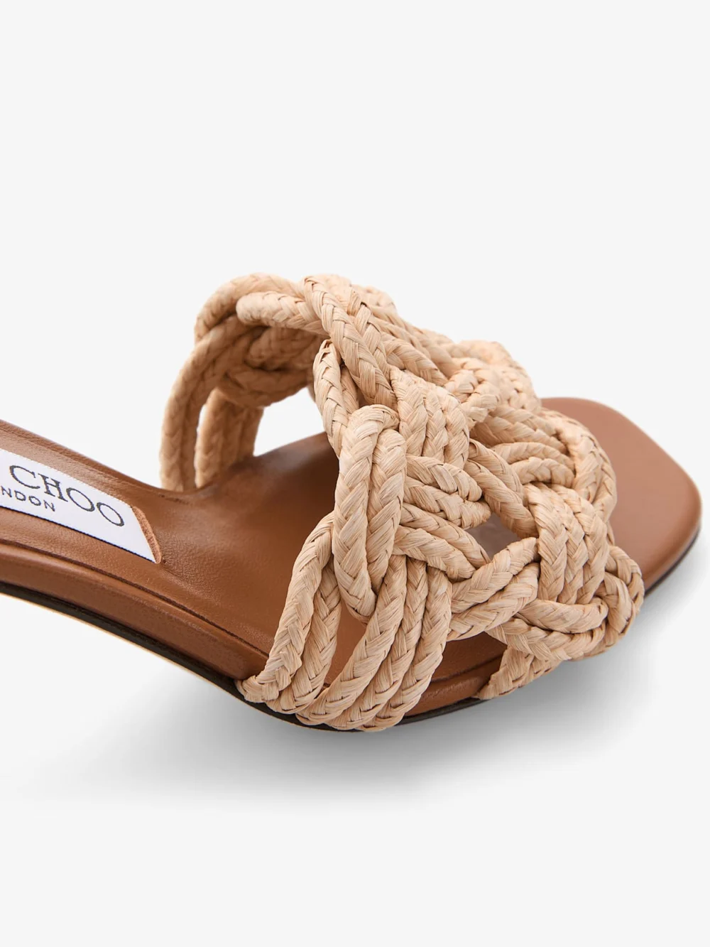 Back view of the Jimmy Choo Chara 70 Tan Leather and Crochet Raffia Mule Sandal