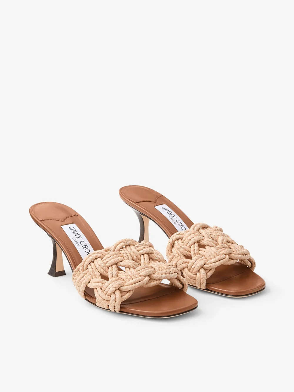 Close-up detail of the Jimmy Choo Chara 70 Tan Leather and Crochet Raffia Mule Sandal
