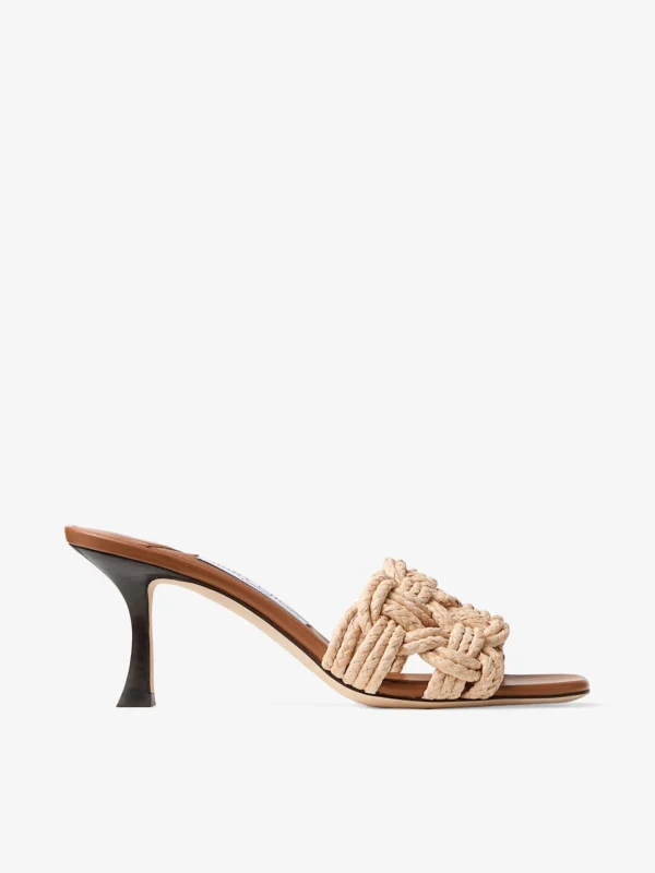 Jimmy Choo Chara 70 Tan Leather and Crochet Raffia Mule Sandal