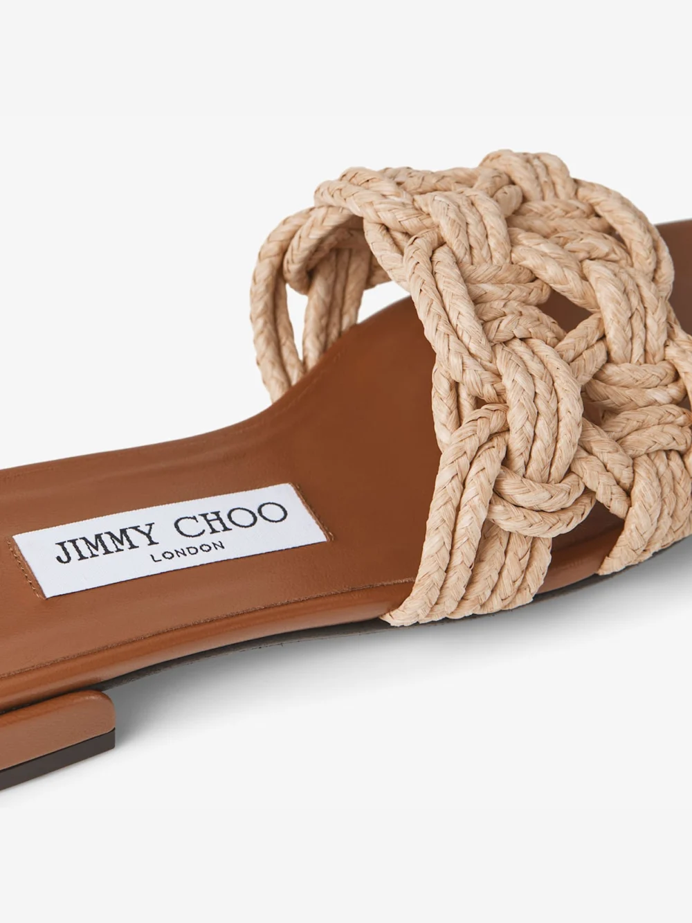 Back view of the Jimmy Choo Chara Flat Tan Leather and Crochet Raffia Slide