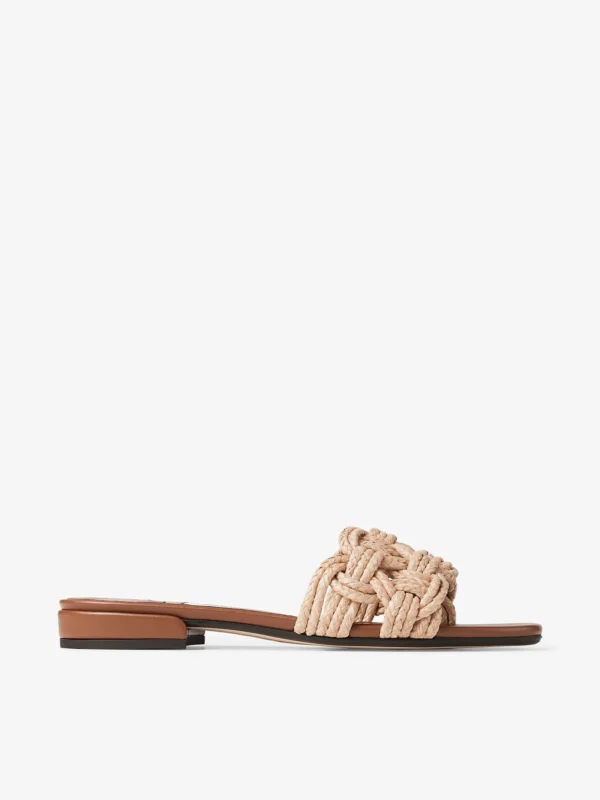 Jimmy Choo Chara Flat Tan Leather and Crochet Raffia Slide