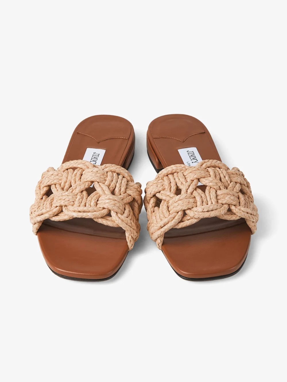 Jimmy Choo Chara Flat Tan Leather and Crochet Raffia Slide, another view