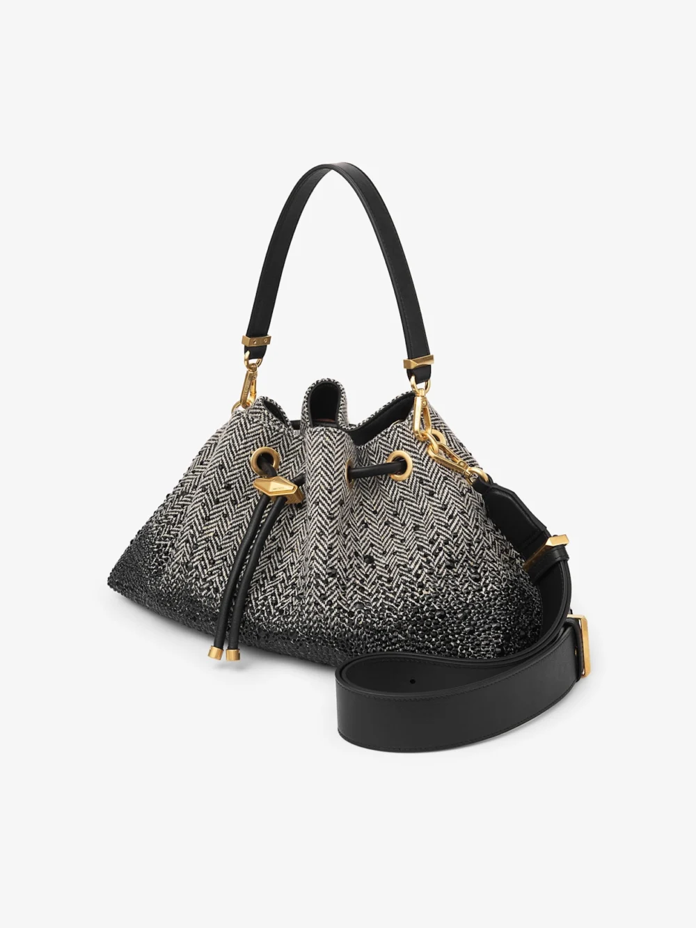 Back view of the Jimmy Choo Cinch Medium Black and Bamboo Mix Herringbone Fabric Shoulder Bag with Crystal Hotfix