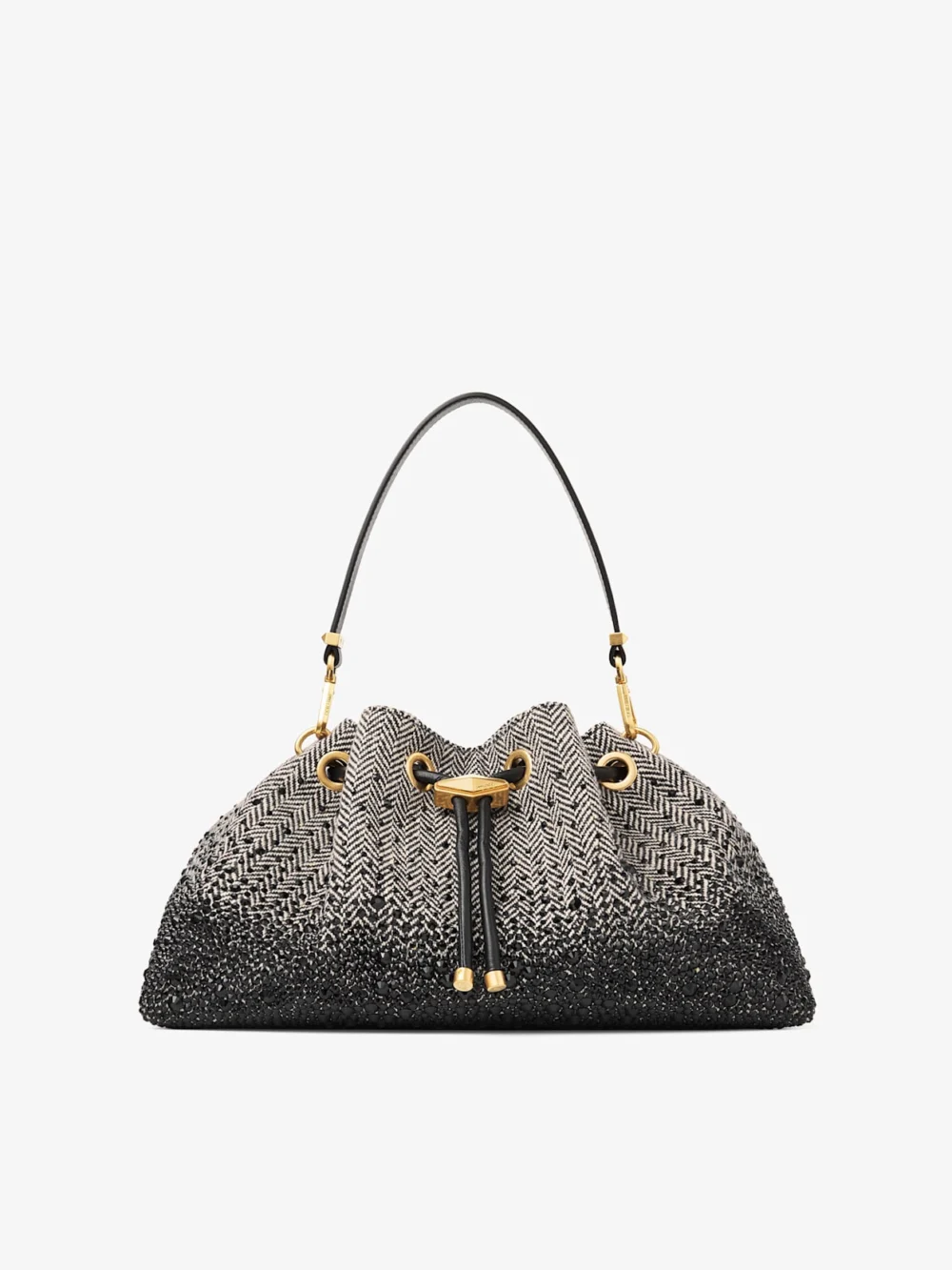 Jimmy Choo Cinch Medium Black and Bamboo Mix Herringbone Fabric Shoulder Bag with Crystal Hotfix in black