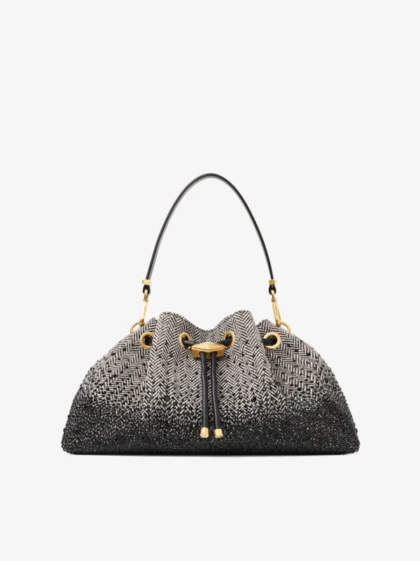 Jimmy Choo Cinch Medium Black and Bamboo Mix Herringbone Fabric Shoulder Bag with Crystal Hotfix