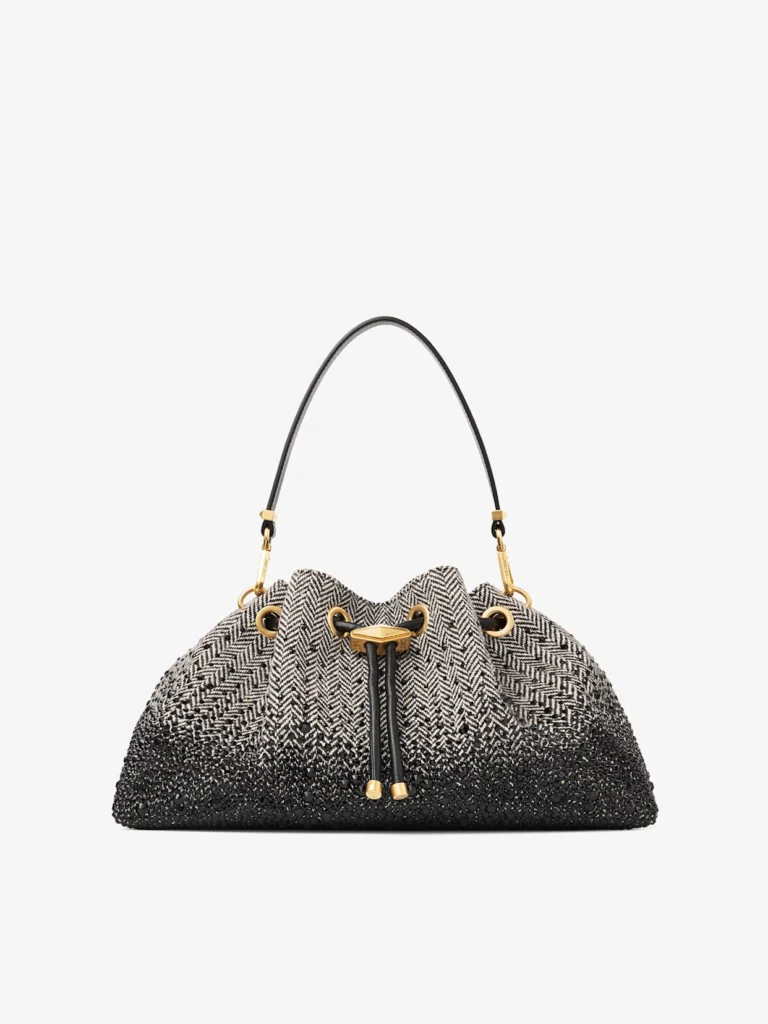 Jimmy Choo Cinch Medium Black and Bamboo Mix Herringbone Fabric Shoulder Bag with Crystal Hotfix