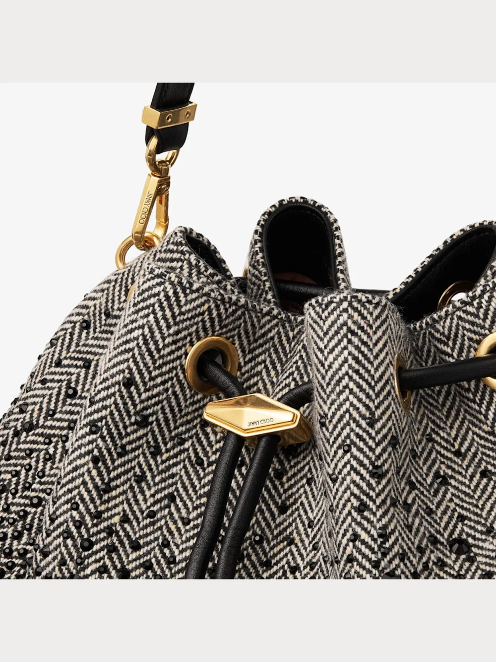 Jimmy Choo Cinch Medium Black and Bamboo Mix Herringbone Fabric Shoulder Bag with Crystal Hotfix, another view