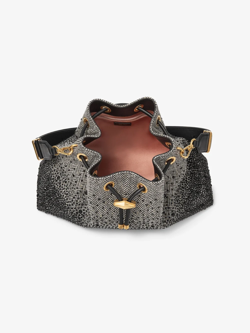 Jimmy Choo Cinch Medium Black and Bamboo Mix Herringbone Fabric Shoulder Bag with Crystal Hotfix, another view