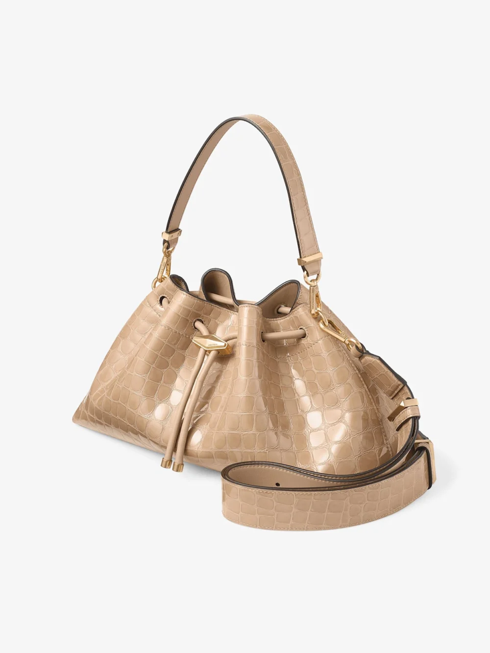 Close-up detail of the Jimmy Choo Cinch Medium Chai Shiny Croc Embossed Leather Shoulder Bag
