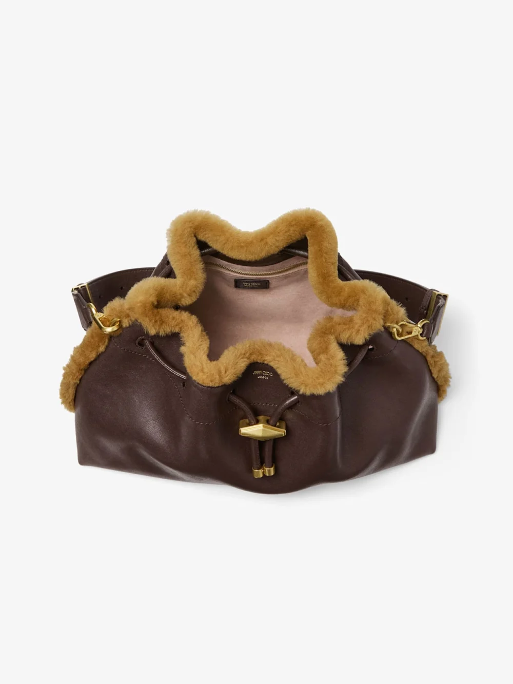 Back view of the Jimmy Choo Cinch Medium Chocolate and Teddy Biker Leather Shoulder Bag with Shearling Trim