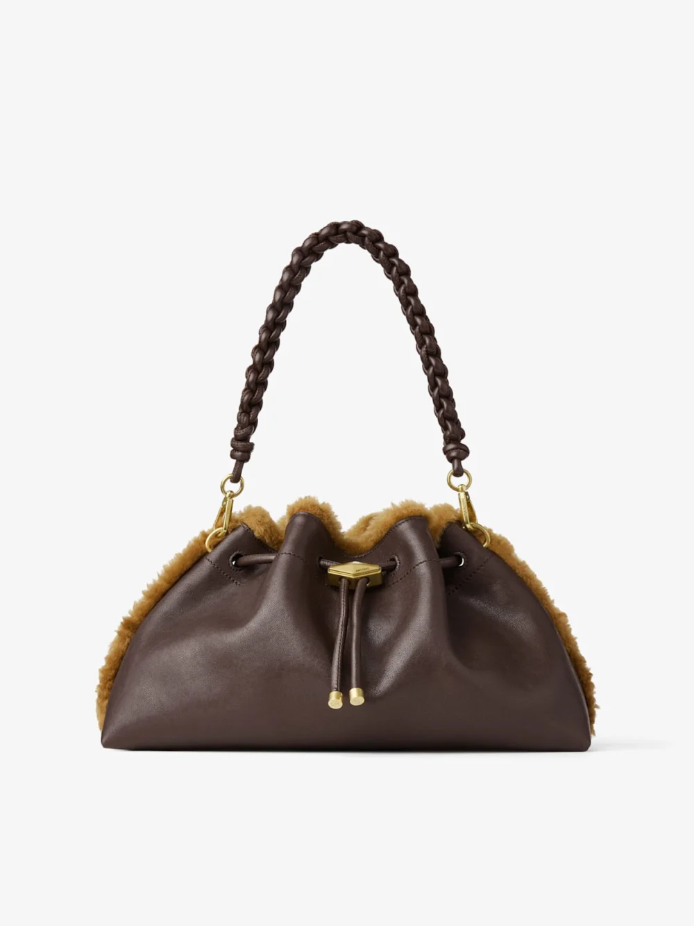 Jimmy Choo Cinch Medium Chocolate and Teddy Biker Leather Shoulder Bag with Shearling Trim in chocolate