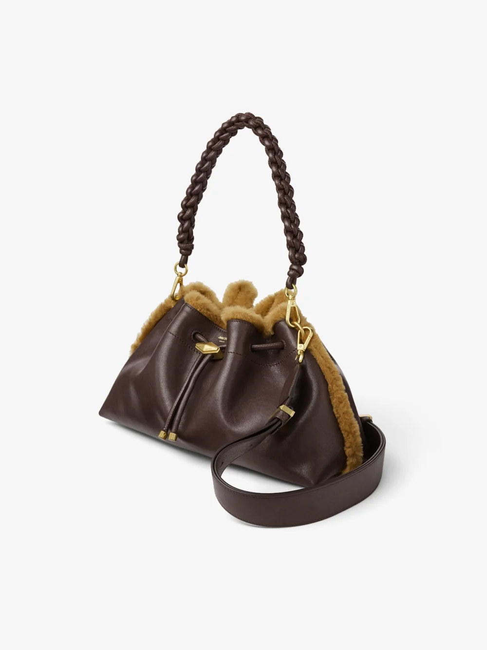 Side view of the Jimmy Choo Cinch Medium Chocolate and Teddy Biker Leather Shoulder Bag with Shearling Trim