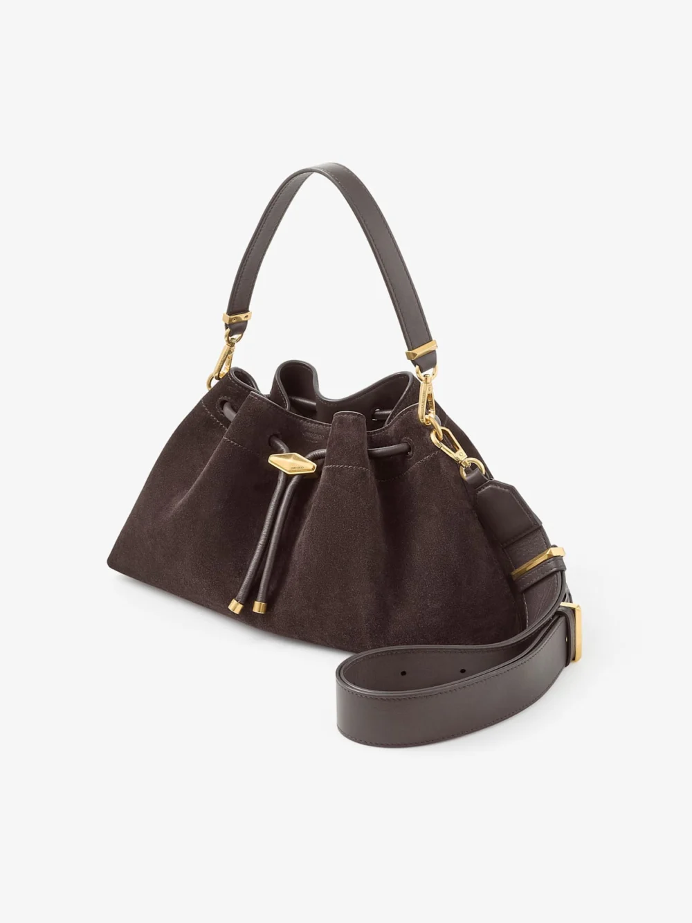 Close-up detail of the Jimmy Choo Cinch Medium Coffee Suede Shoulder Bag