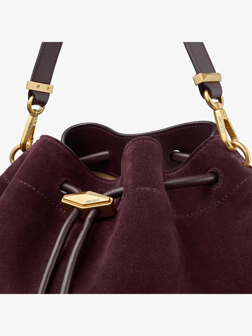 Back view of the Jimmy Choo Cinch Medium Deep Merlot Suede Shoulder Bag