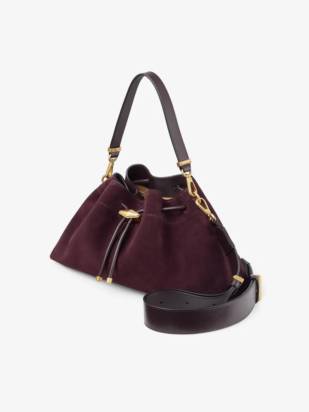 Close-up detail of the Jimmy Choo Cinch Medium Deep Merlot Suede Shoulder Bag