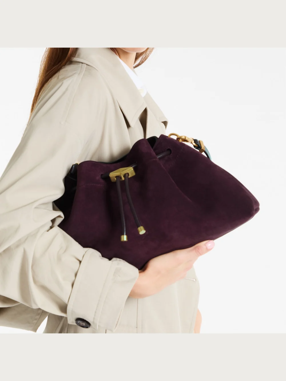 Side view of the Jimmy Choo Cinch Medium Deep Merlot Suede Shoulder Bag