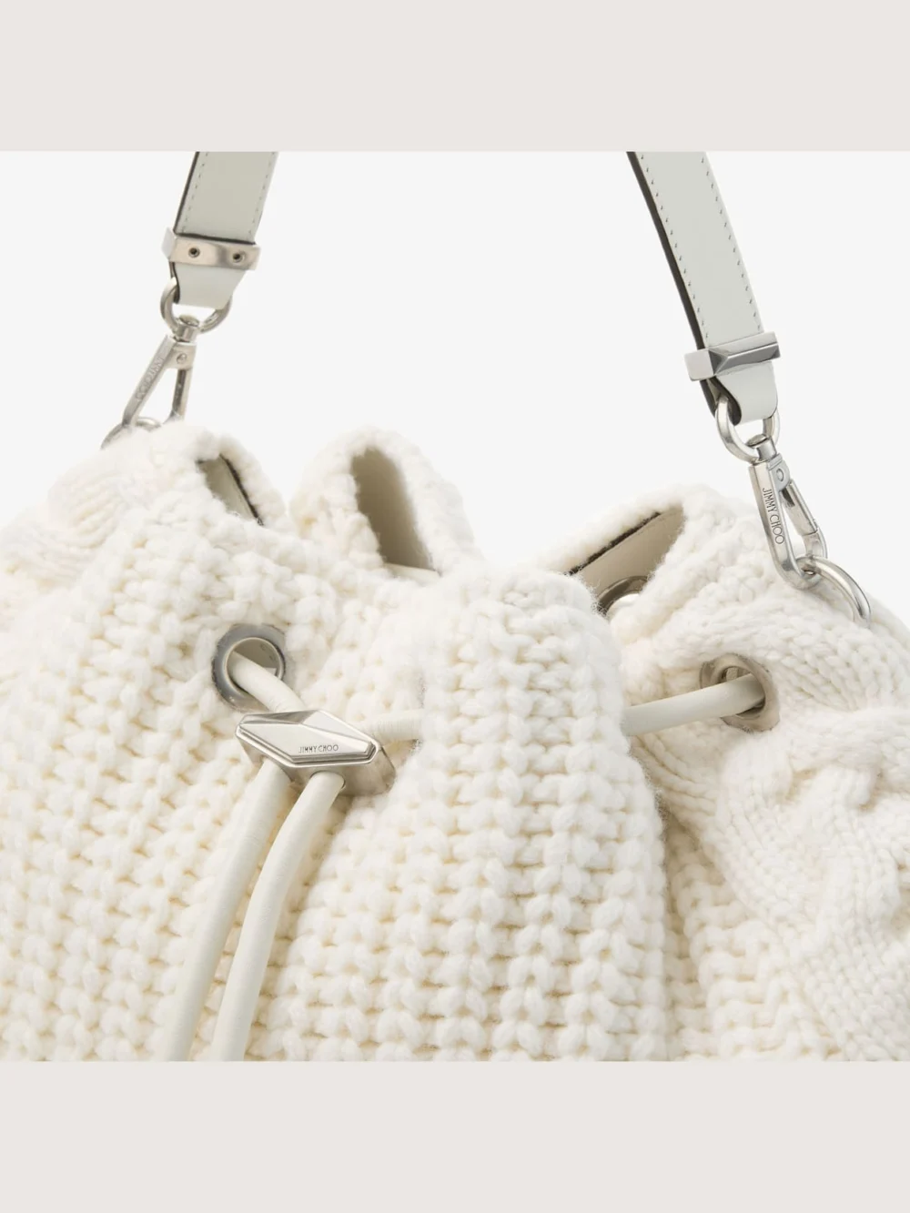 Back view of the Jimmy Choo Cinch Medium Latte Knitted Wool Shoulder Bag