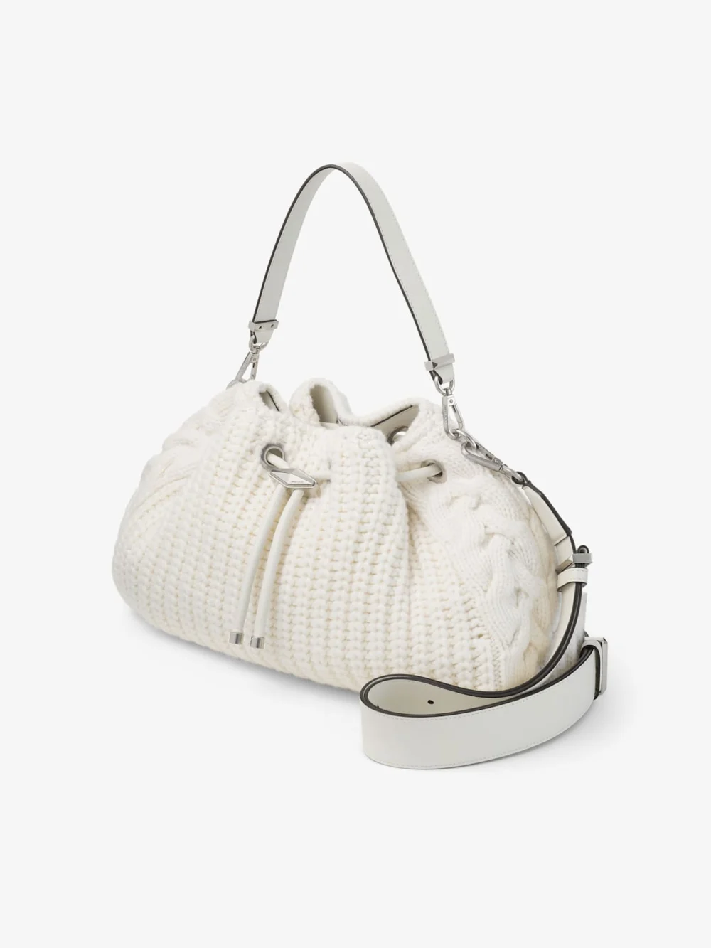 Close-up detail of the Jimmy Choo Cinch Medium Latte Knitted Wool Shoulder Bag