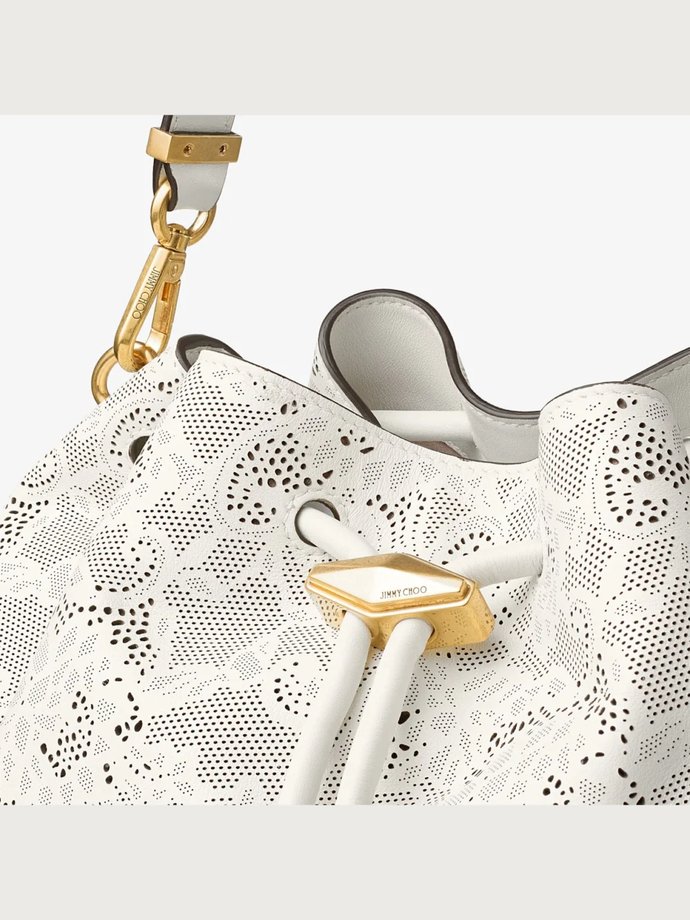 Back view of the Jimmy Choo Cinch Medium Latte Perforated Lace Shoulder Bag