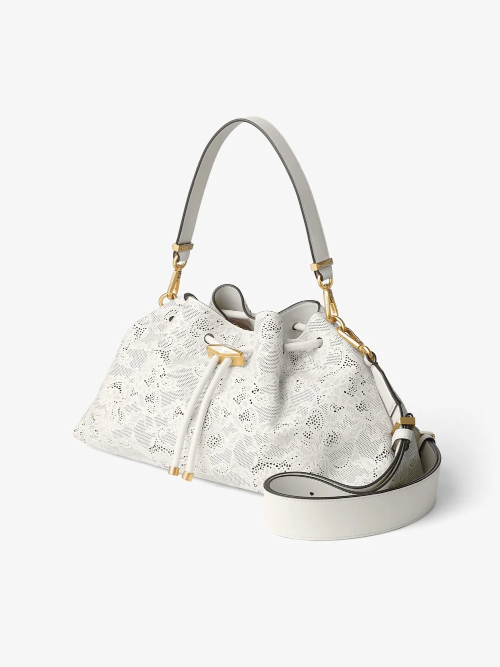 Close-up detail of the Jimmy Choo Cinch Medium Latte Perforated Lace Shoulder Bag