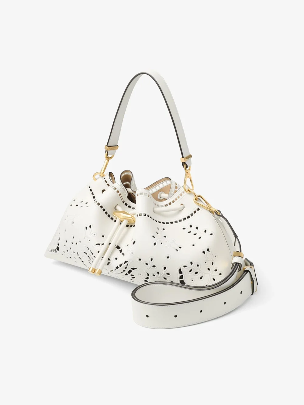 Close-up detail of the Jimmy Choo Cinch Medium Latte Smooth Calf Leather Shoulder Bag with Sangallo Embroidery