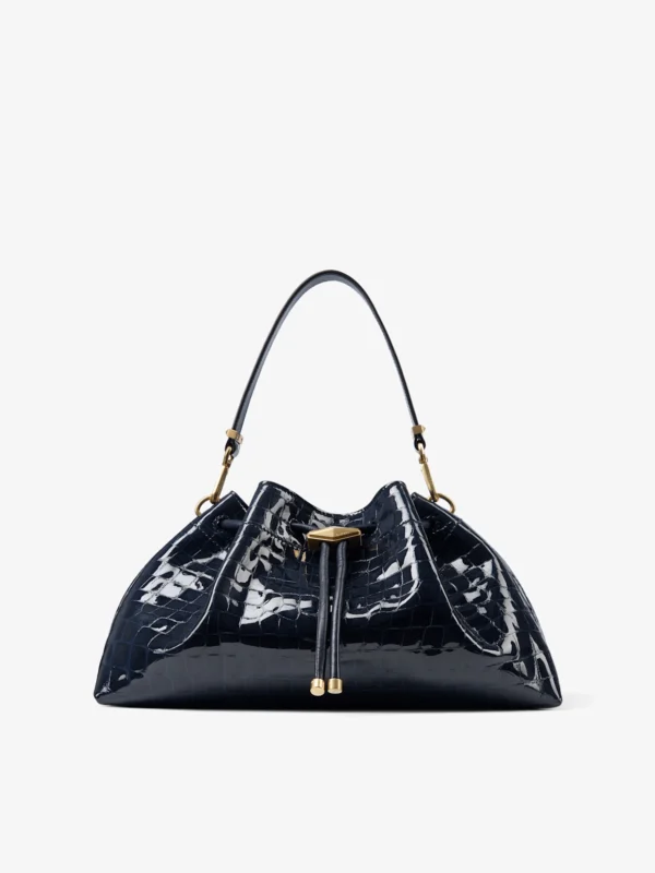 Jimmy Choo Cinch Medium Marine Shiny Croc Embossed Leather Shoulder Bag