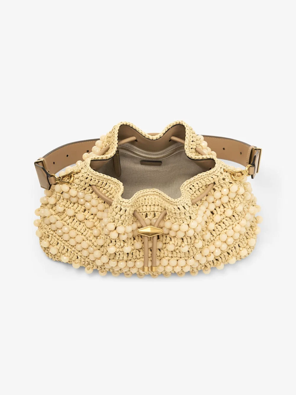 Back view of the Jimmy Choo Cinch Medium Natural and Cappuccino Beaded Raffia Bucket Bag with Smooth Calf Leather