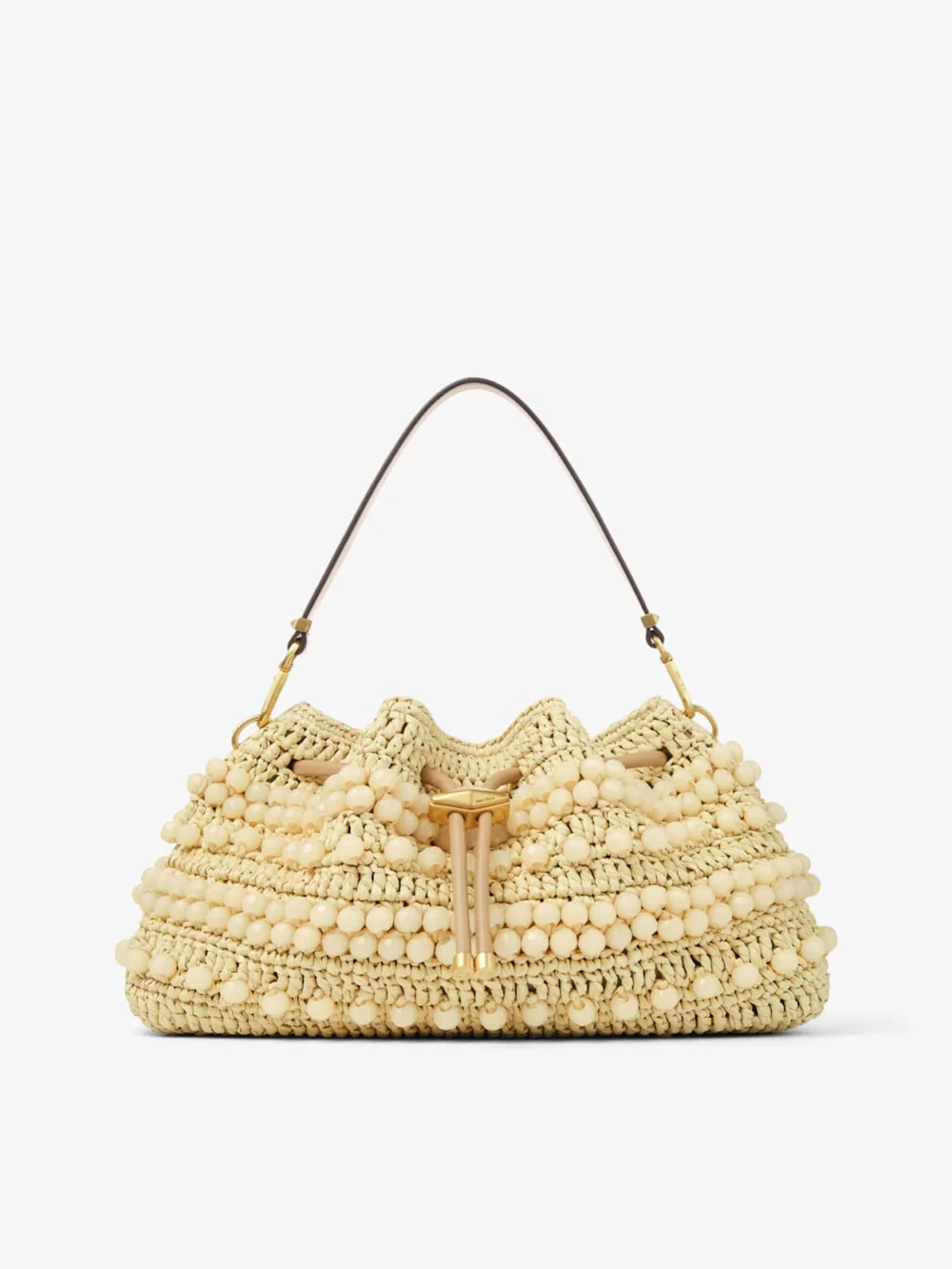 Jimmy Choo Cinch Medium Natural and Cappuccino Beaded Raffia Bucket Bag with Smooth Calf Leather in natural
