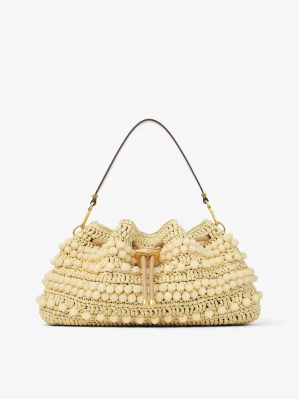 Jimmy Choo Cinch Medium Natural and Cappuccino Beaded Raffia Bucket Bag with Smooth Calf Leather